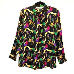 Vintage Richard Malcolm 100% Silk Blouse Sz 8 Asian Mandarin Collar Top Colorful